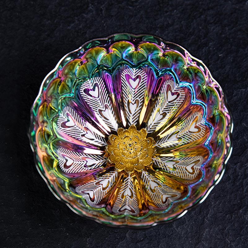 Mythstone Peacock Lotus Feathers Gold Inlaid Rainbow Color Jianzhan Ceramic Teacup Kung Fu Tea Cup