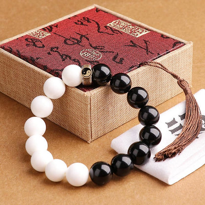 Mythstone 925 Sterling Silver Black Obsidian White Shell Yin Yang Strength Bracelet