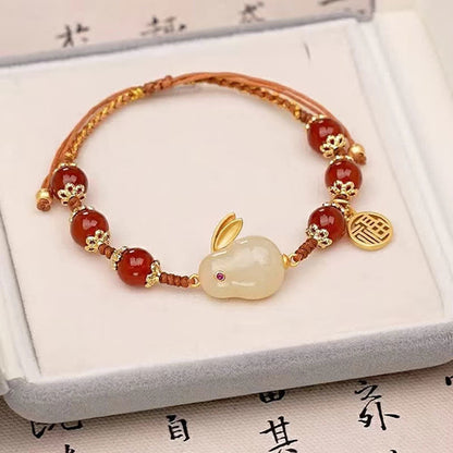 Pulsera de hilo de jade con ágata roja y conejito de confianza del año del conejo