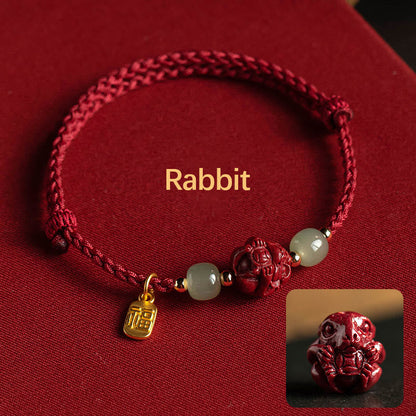 Mythstone Natural Cinnabar Chinese Zodiac Hetian Jade Fu Character Luck Rope Bracelet Bracelet Mythstone Rabbit(Wrist Circumference 14-18cm)