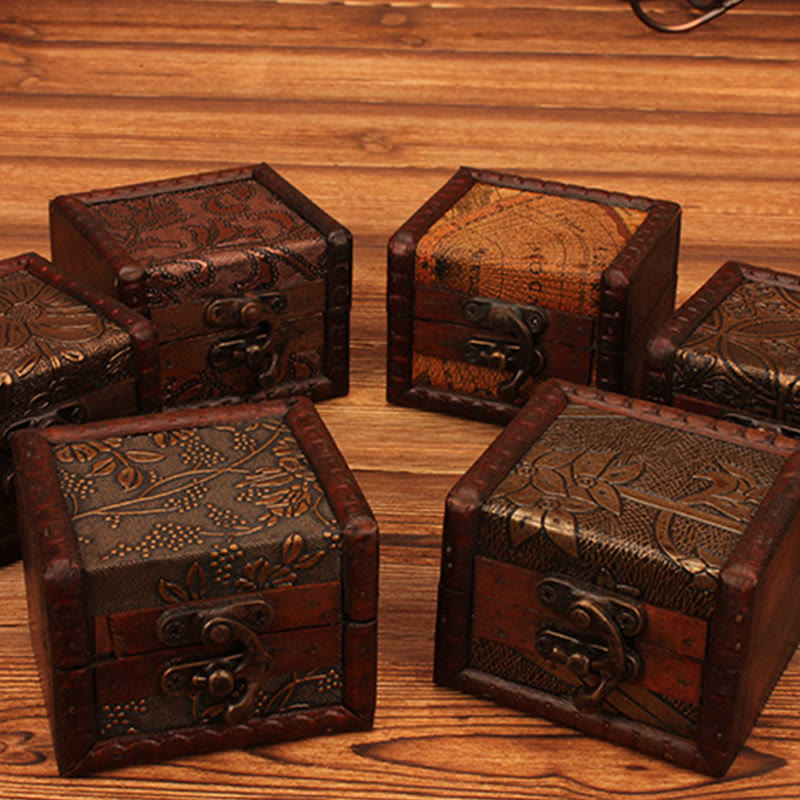 Mythstone Retro Small Square Wood Jewelry Box Lotus Grass Flower Grape Copper Coin Daffodil Jewelry Storage Box