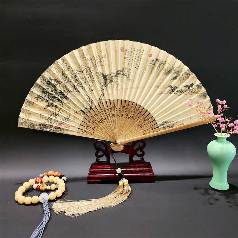 Mythstone A Panorama Of Rivers And Mountains Cranes Orchid Flower Paper Bamboo Handheld Silk Bamboo Folding Fan 22cm