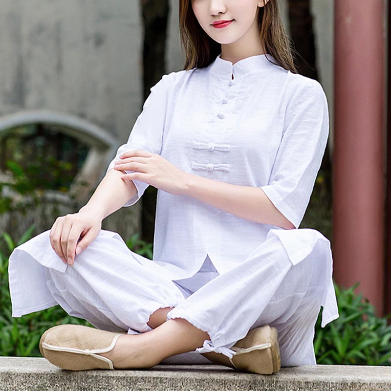 Mythstone 2Pcs Half Sleeve Shirt Top Pants Meditation Zen Tai Chi Linen Clothing Women's Set