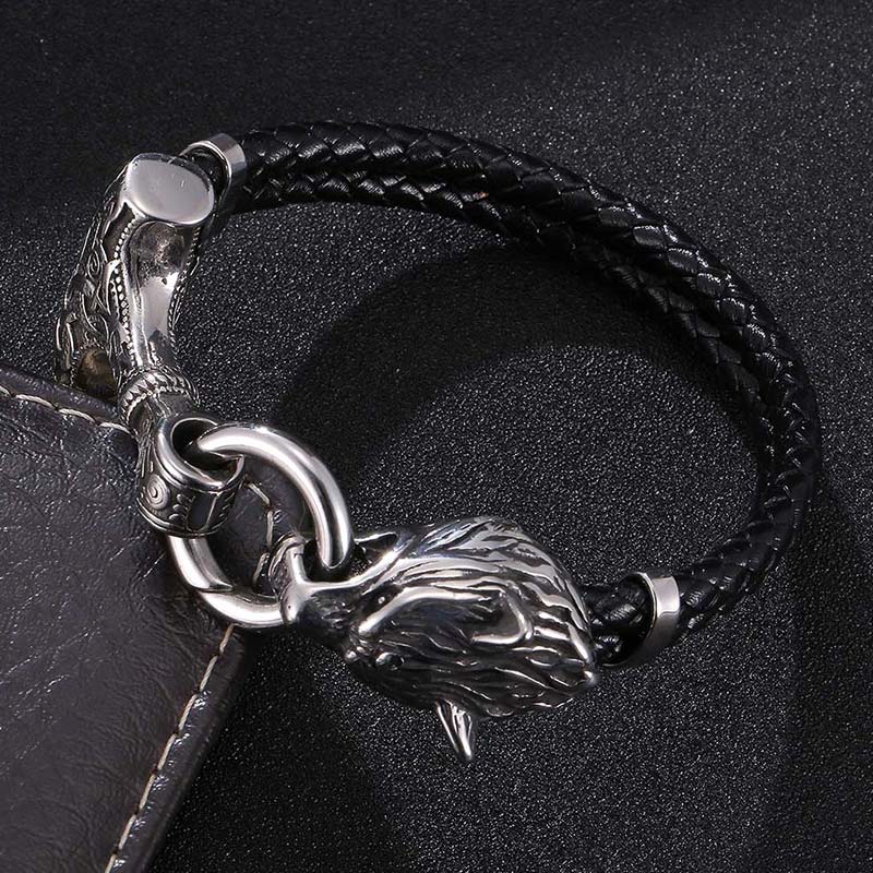 Mythstone Wolf Head Titanium Steel Leather Weave Blessing Bracelet