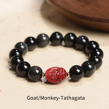 Mythstone Chinese Zodiac Natal Buddha Natural Black Obsidian Cinnabar Purification Bracelet