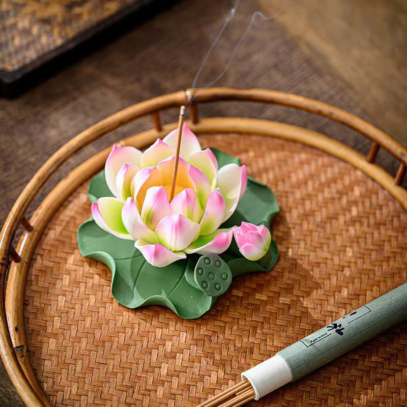 Mythstone Lotus Flower Leaf Pod Spiritual Healing Ceramic Stick Incense Burner Decoration