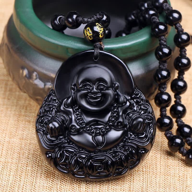 Collar con colgante de protección y fuerza de obsidiana negra con Buda sonriente de piedra mitológica 