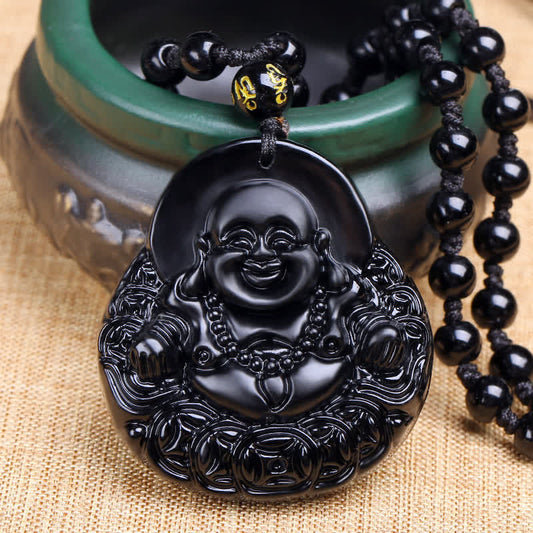 Mythstone Laughing Buddha Black Obsidian Strength Protection Pendant Necklace