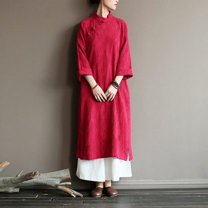 Mythstone Flower Jacquard Midi Dress Long Sleeve Cotton Linen Dress Wide Leg Pants With Pockets