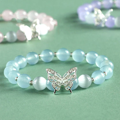 Mythstone Blue Chalcedony Pink Crystal Purple Chalcedony Butterfly Energy Bracelet