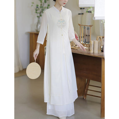 Mythstone Embroidery Chiffon Cheongsam Midi Dress Wide Leg Pants Meditation Zen Practice Clothing