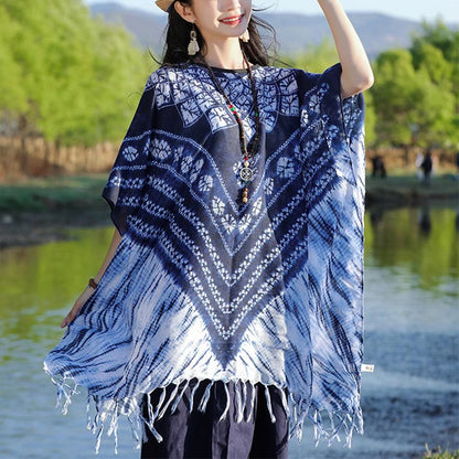 Mythstone Blue Striped Floral Indigo Dyeing Shawl Tassels Cozy Pullover 90*95cm