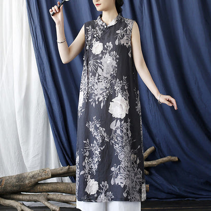 Mythstone Ancient Ramie Linen Flowers Printing Cheongsam Dresses Sleeveless Dress