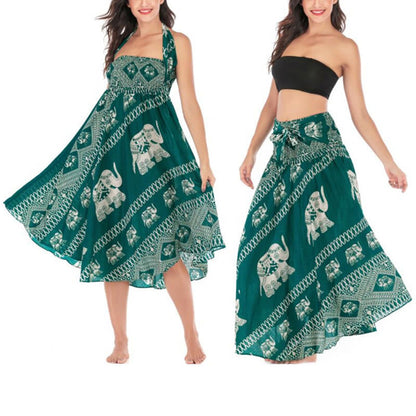 Mythstone Two Style Wear Bohemian Summer Elephant Lines Lace-up Skirt Dress