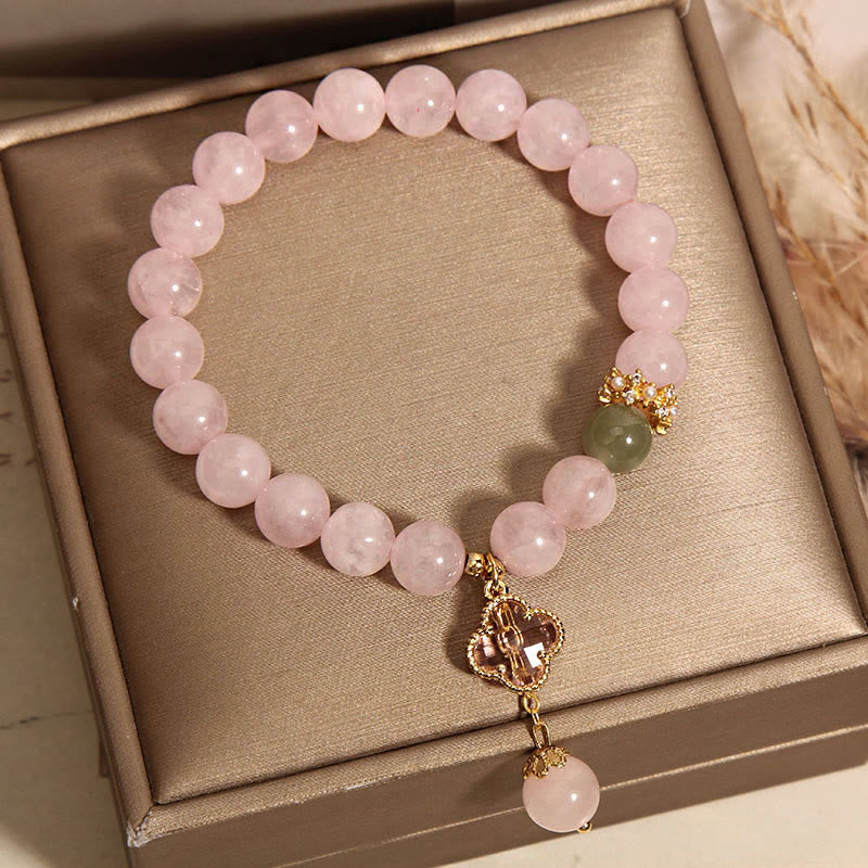 Mythstone Natural Pink Crystal Four Leaf Clover Soothing Bracelet