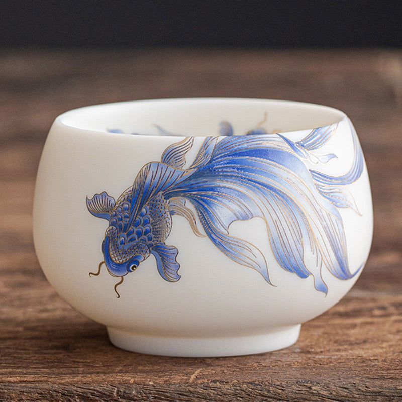 Mythstone Koi Fish White Porcelain Ceramic Teacup Kung Fu Tea Cup