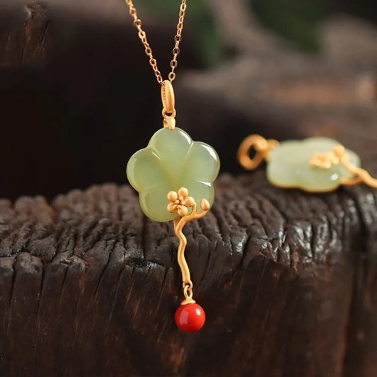 Mythstone Vintage Plum Blossom Flower Jade Red Agate Prosperity Necklace Pendant