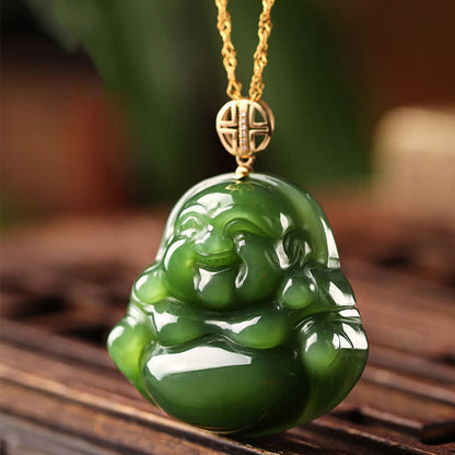 Mythstone 925 Sterling Silver Laughing Buddha Hetian Cyan Jade 18K Gold Success Necklace Chain Pendant