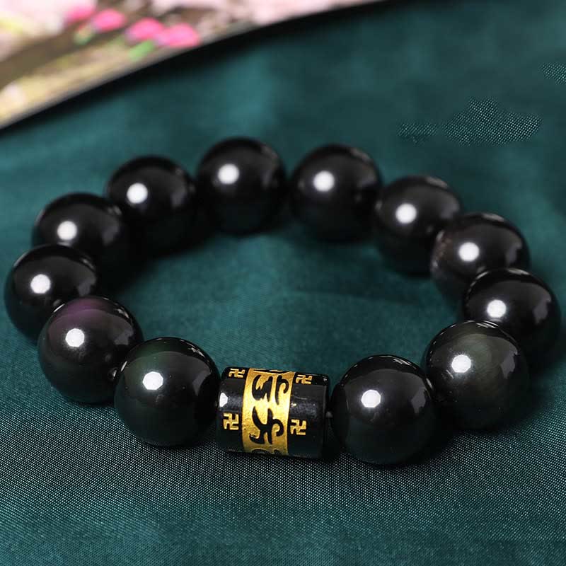 Mythstone Rainbow Obsidian Om Mani Padme Hum Swastika Positive Bracelet