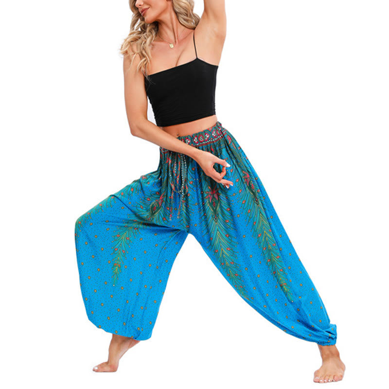 Mythstone Peacock Feather Pattern Loose Harem Trousers Women's Yoga Pants