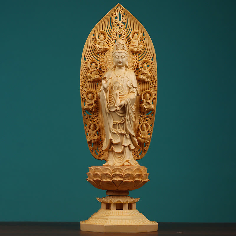 Mythstone Handcrafted Kwan Yin Avalokitesvara Tathagata Mahasthamaprapta Bodhisattva Statue Boxwood Abundance Decoration