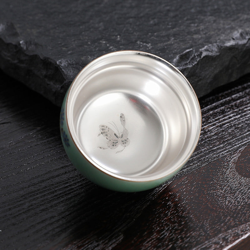 Mythstone 999 Sterling Silver Gilding Butterfly Goldfish Lotus Koi Fish Ceramic Teacup Kung Fu Tea Cup 120ml