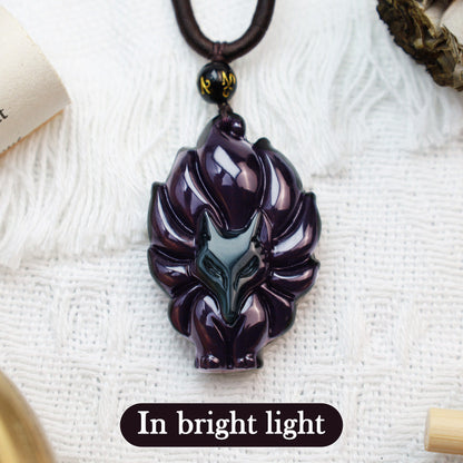 Mythstone Natural Rainbow Obsidian Gold Sheen Obsidian Nine Tailed Fox Positive Necklace Pendant