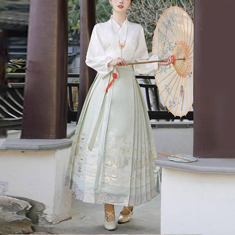 Mythstone Long Sleeve T-Shirt Top Tee Chinese Hanfu Flowers Horse Face Skirt Mamianqun