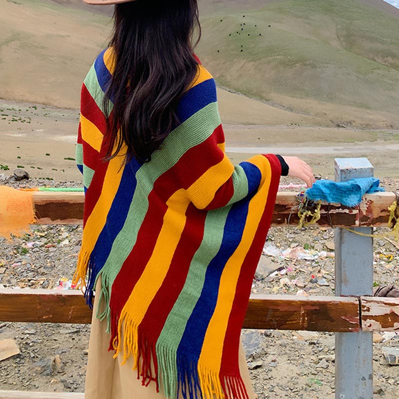 Mythstone Tibetan Colorful Striped Design Shawl Tassels Pullover Winter Cozy Travel Scarf Wrap