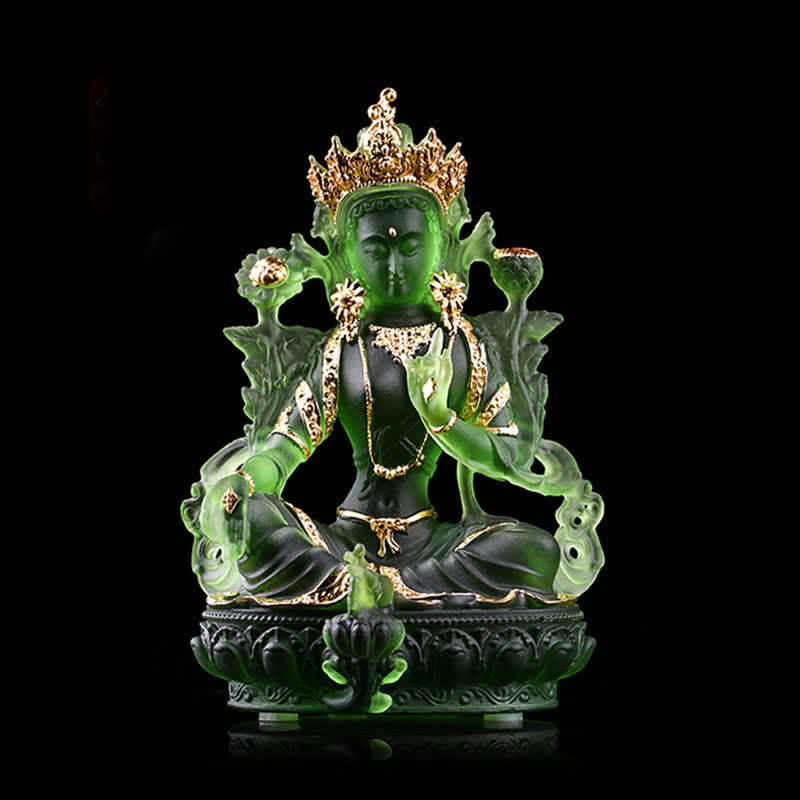 Mythstone Bodhisattva Green Tara Handmade Liuli Crystal Art Piece Protection Home Office Statue Decoration