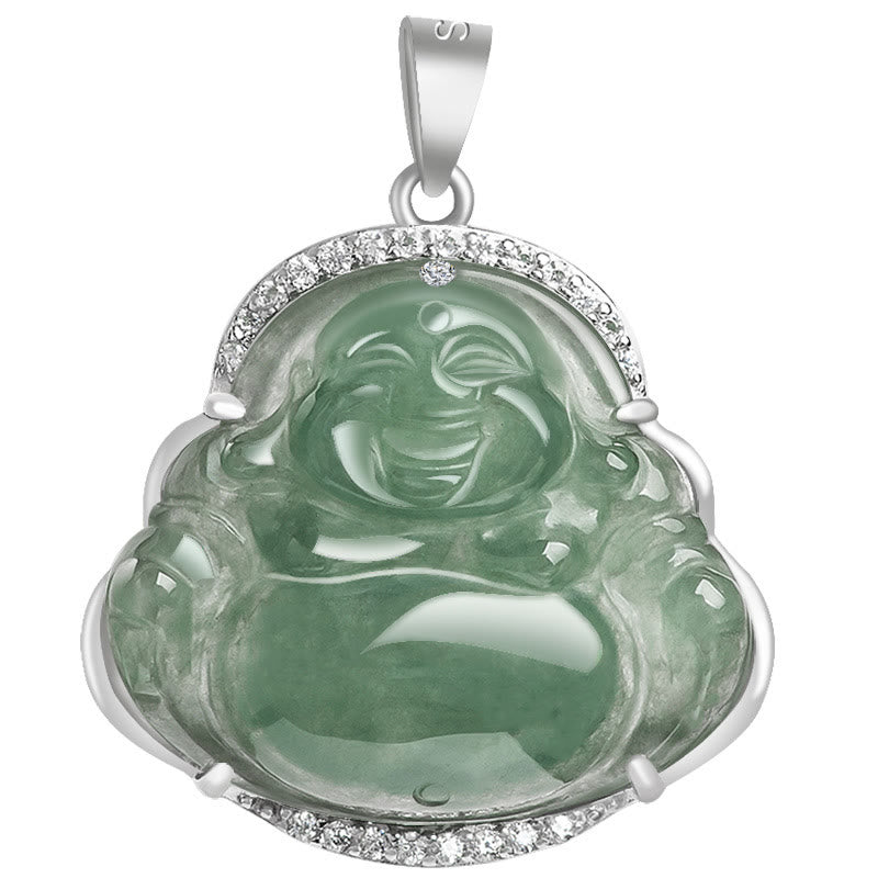 Mythstone 925 Sterling Silver Laughing Buddha Natural Jade Luck Prosperity Necklace Chain Pendant