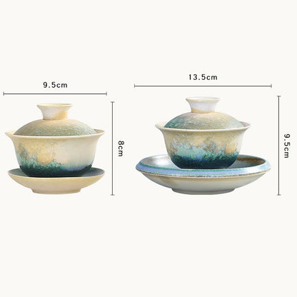 Mythstone Green Ocean Waves Design Porcelain Ceramic Gaiwan Sancai Teacup Kung Fu Tea Cup And Saucer With Lid