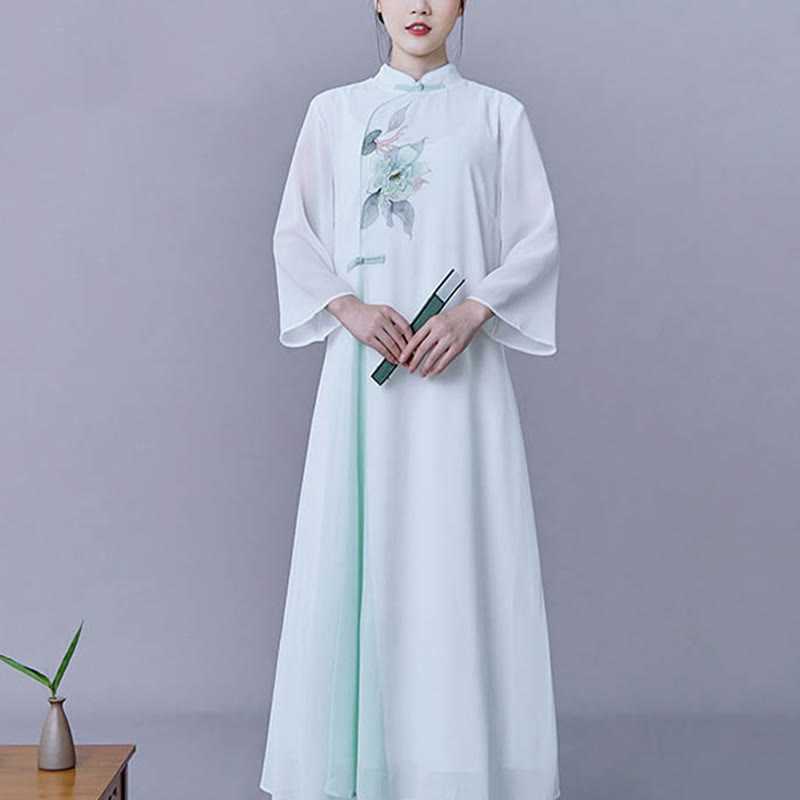 Mythstone 2Pcs Flower Three Quarter Sleeve Midi Dress Skirt Chiffon Zen Clothing Women's Set