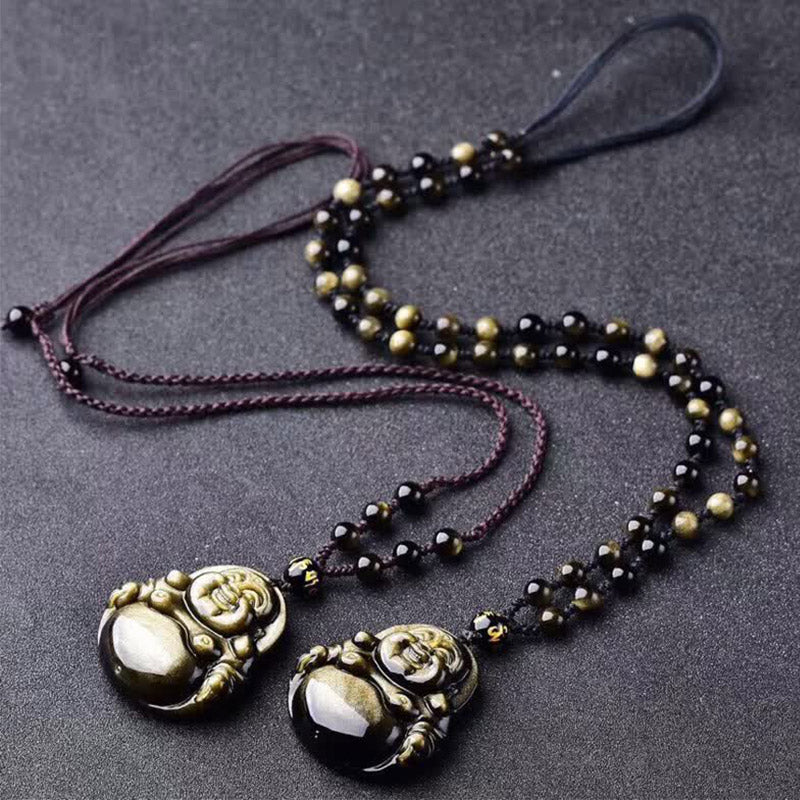 Mythstone Laughing Buddha Gold Sheen Obsidian Wealth Necklace Pendant