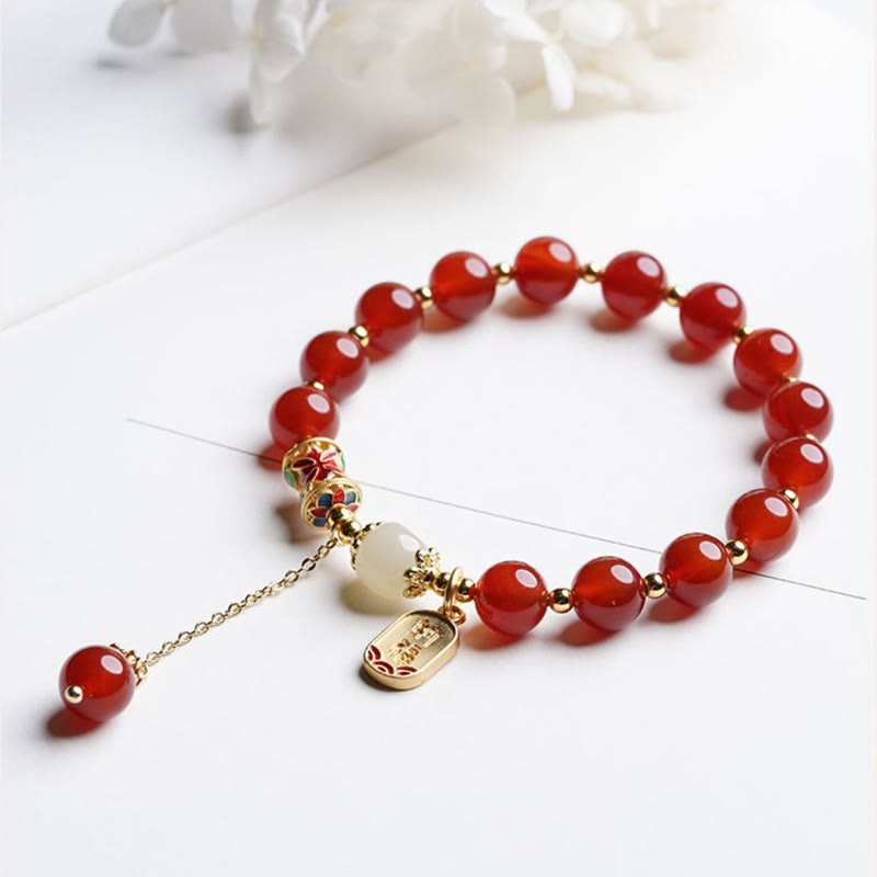 Mythstone Natural Red Agate Hetian Jade Fu Character Confidence Charm Bracelet