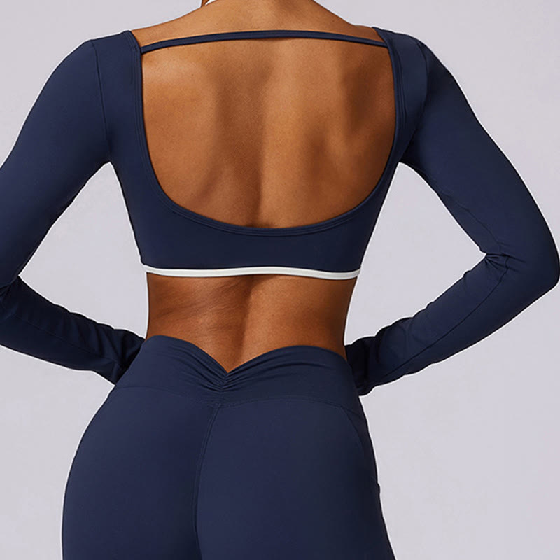 Mythstone Solid Color Halter Neck Bra Long Sleeve Crop Tank Top Pants Sports Fitness Gym Yoga Outfits