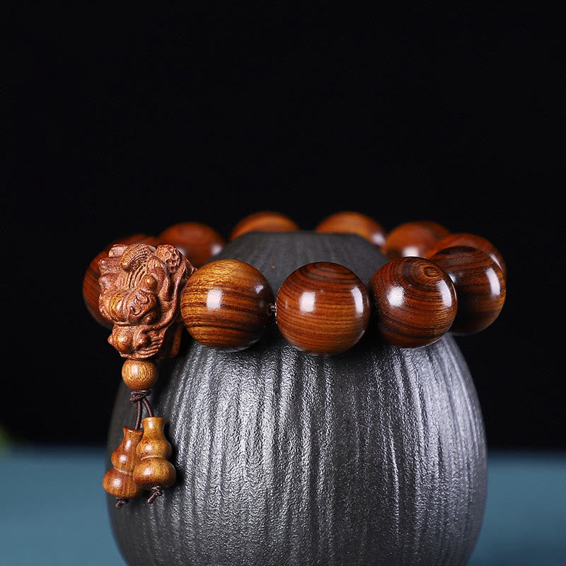 MythStone Rosewood Green Sandalwood Small Leaf Red Sandalwood Agarwood Dragon Carved Protection Bracelet