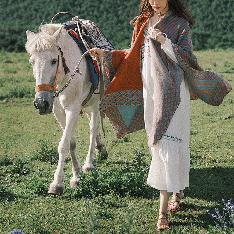 Bufanda cálida y suave de invierno con patrón de diamantes a rayas tibetano Mythstone