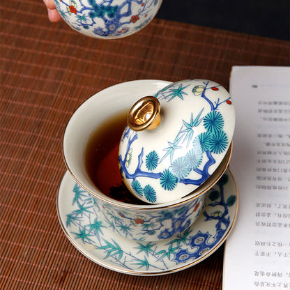 Taza de té de cerámica Gaiwan Sancai con tapa y platillo de kung fu Mythstone Retro Plum Blossom Pine Bamboo Phoenix Kirin 