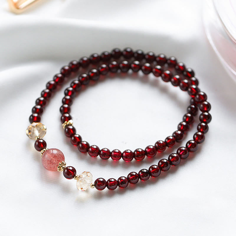 Mythstone 14K Gold Plated Natural Garnet Strawberry Quartz Stability Double Wrap Bracelet