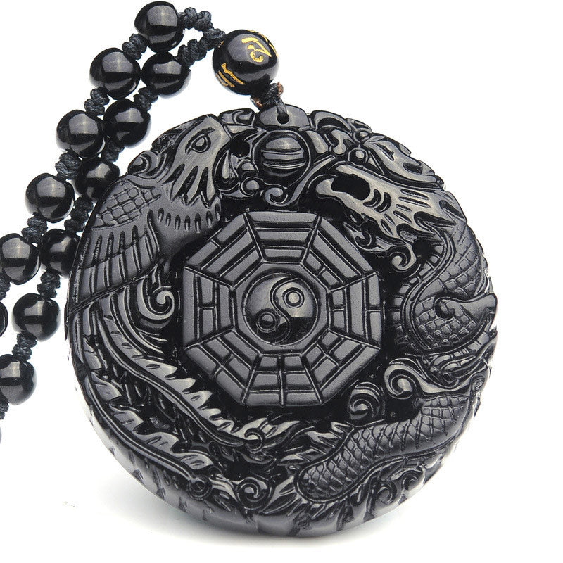 Mythstone Bagua Dragon Phoenix Obsidian Fulfilment Pendant Necklace