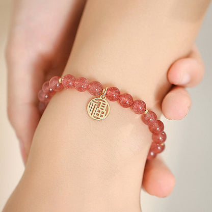 Mythstone 14K Gold Plated Strawberry Quartz Fu Character Healing Charm Bracelet