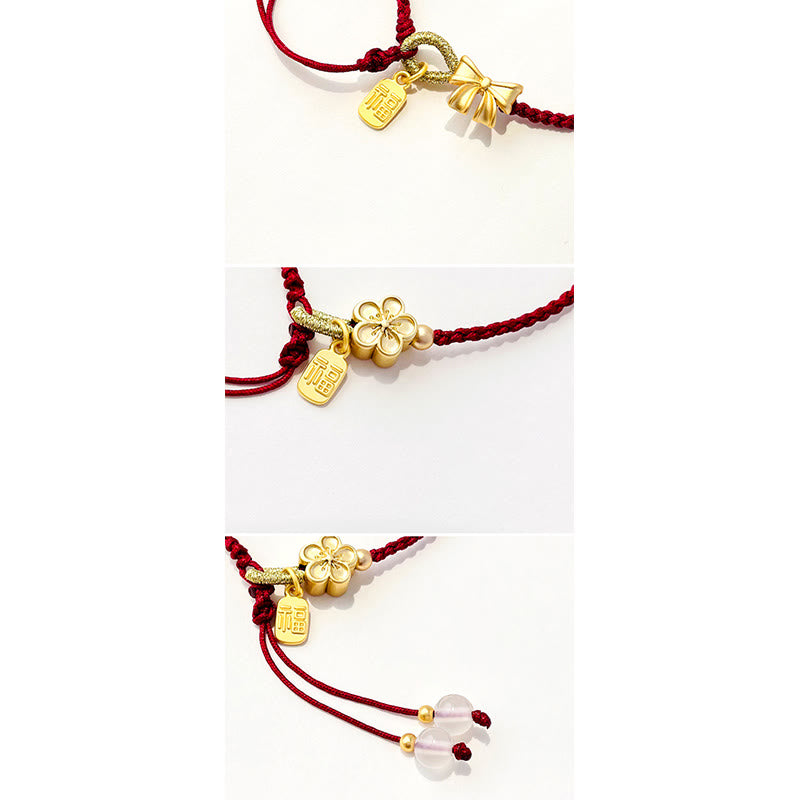 Mythstone Handmade Peach Blossom Rosette Bow Knot Fu Character Charm Luck Fortune Red Rope Bracelet