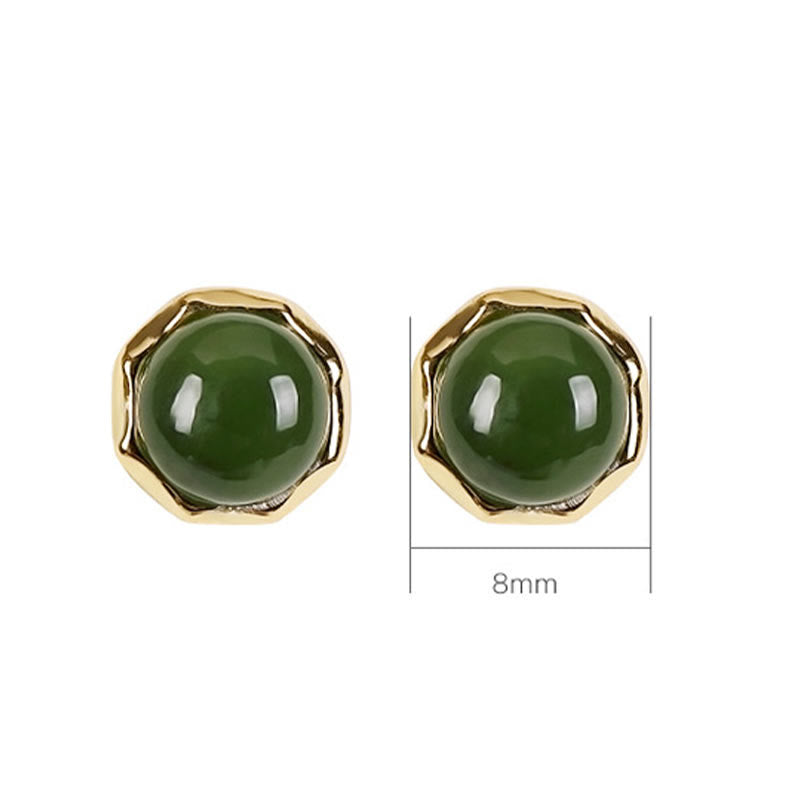 Mythstone 925 Sterling Silver Plated Gold Natural Hetian Cyan Jade Bead Luck Stud Earrings