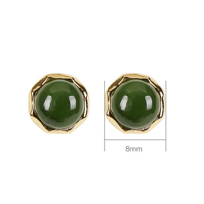 Mythstone 925 Sterling Silver Plated Gold Natural Hetian Cyan Jade Bead Luck Stud Earrings