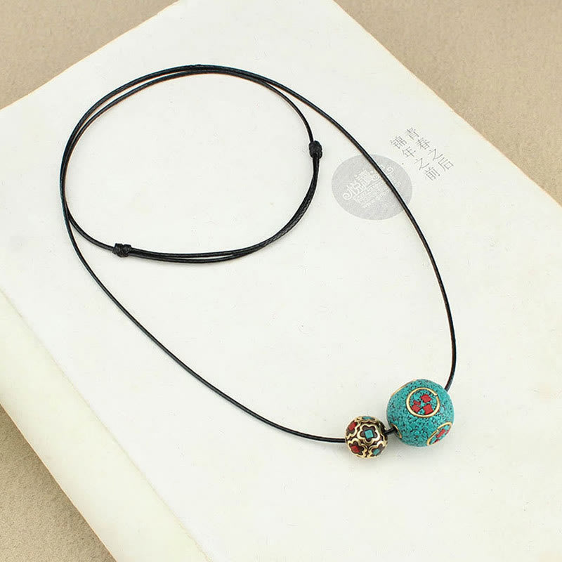 Mythstone Tibetan Turquoise Double Bead Protection Strength Necklace Pendant