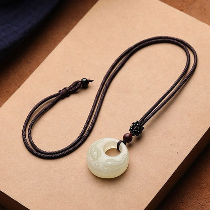 Mythstone White Jade Double Koi Fish Carved Prosperity Success Necklace Pendant