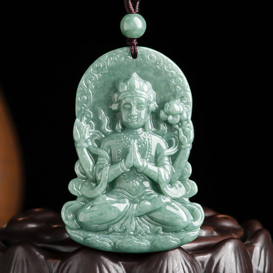 Mythstone Four-armed Avalokitesvara Natural Jade Amulet Blessing String Necklace