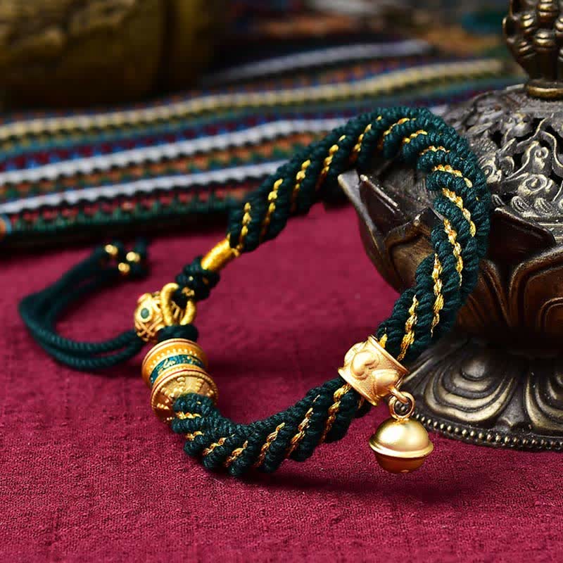 Mythstone Tibetan Handmade Luck Protection Thangka Prayer Wheel Bell Charm Braid String Bracelet