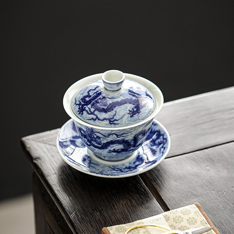 Mythstone Blue and White Dragon Pattern Porcelain Gaiwan Sancai Teacup Kung Fu Tea Cup And Saucer With Lid